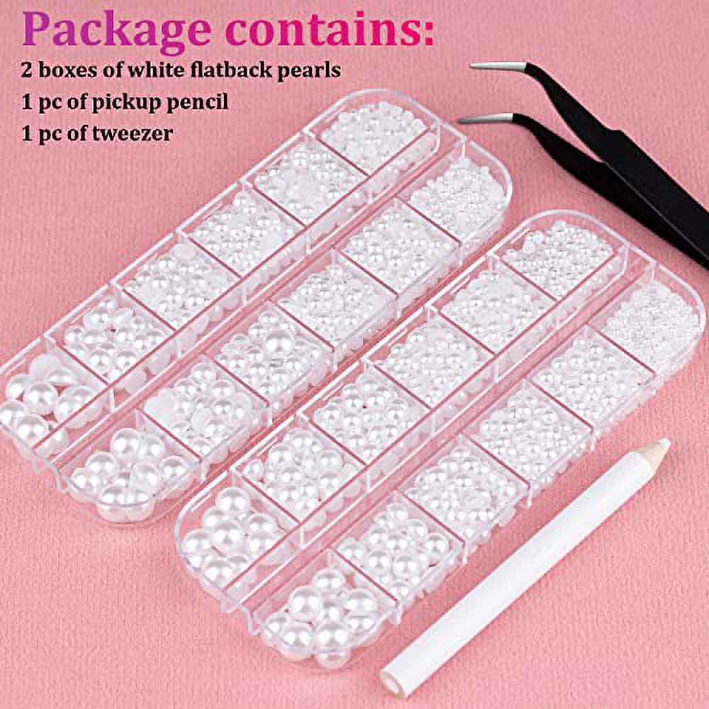 Belleboost Flat Back Pearls Kits 2 Boxes of Flatback White Half Round  Pearls with Pickup Pencil and Tweezer for Home DIY and Professional Nail  Art, Face Makeup and Craft 